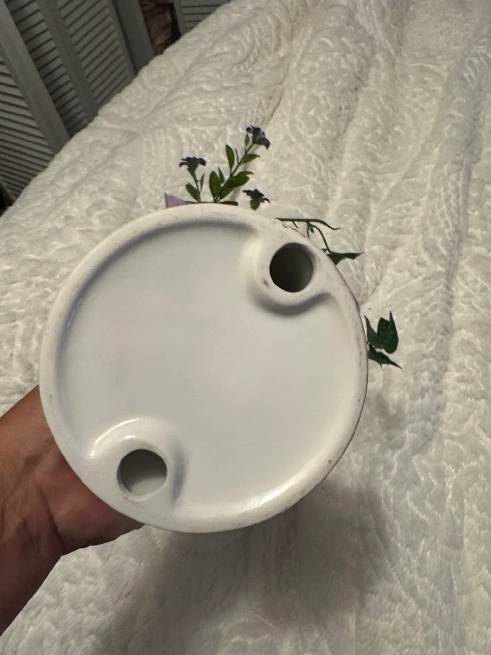 Decorative White Ceramic Vase with Purple Floral Accent